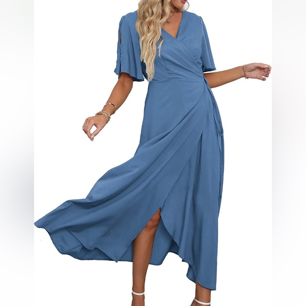 Deep Self  Womens V Neck Short Sleeve Split Wrap Maxi Dress S #92
